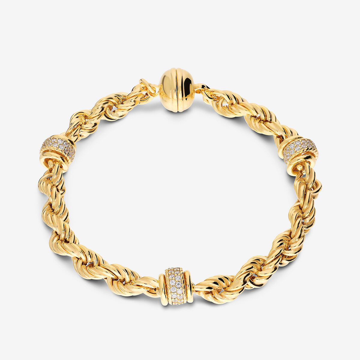 925 Silver Rope Link Bracelet plated with 18Kt Yellow Gold with Cubic Zirconia