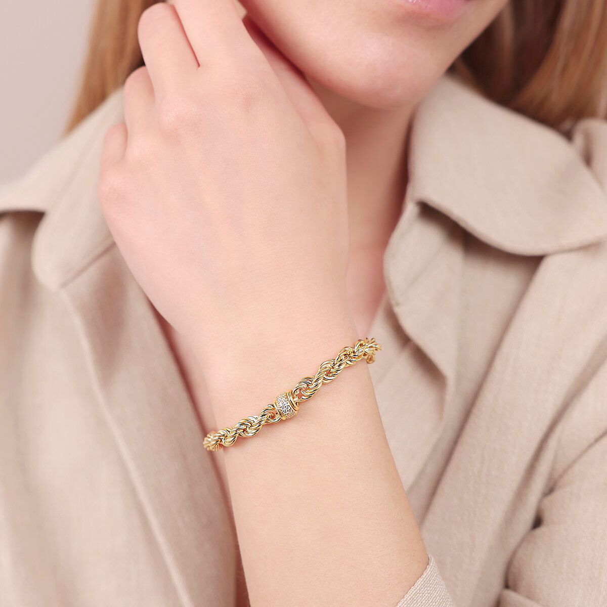 925 Silver Rope Link Bracelet plated with 18Kt Yellow Gold with Cubic Zirconia