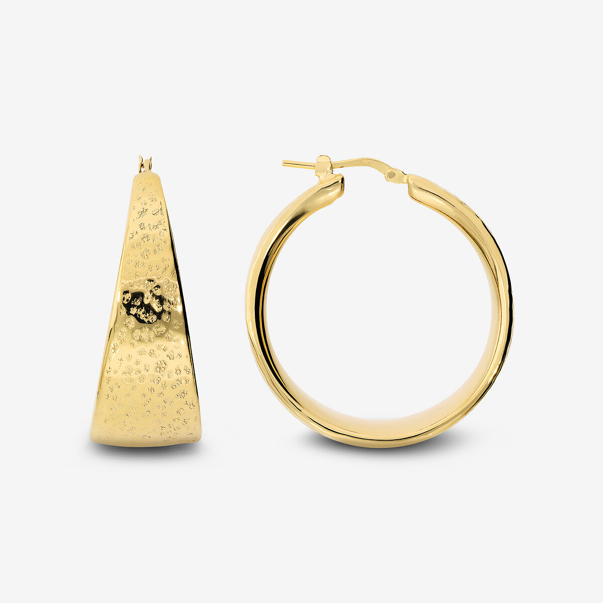 Boucles d'oreilles créoles graduées en Argent 925 plaqué Or Jaune 18Kt avec surface martelée