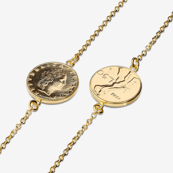 Collana Lunga Maglia Rolo in Argento 925 placcato Oro Giallo 18Kt con Monete 50 Lire Originali