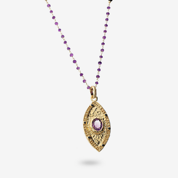 Collana Rosario aus Amethyst und schwarzem Spinell in 925er Silber, vergoldet mit 18Kt Gelbgold, mit Navette-Anhänger und natürlichen Steinen.