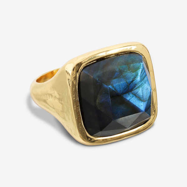 Anello Chevalier Martellato en Argent 925 plaqué Or Jaune 18Kt avec Labradorite