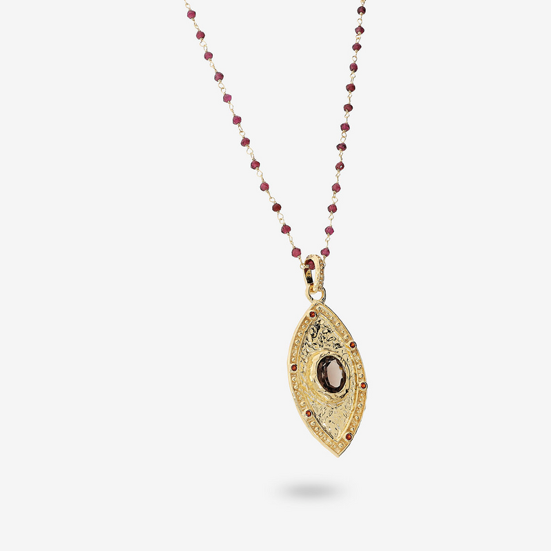 Collana Rosario di Spinello e Granato in Argento 925 placcato Oro Giallo 18Kt con Pendente Navette con Pietre Naturali