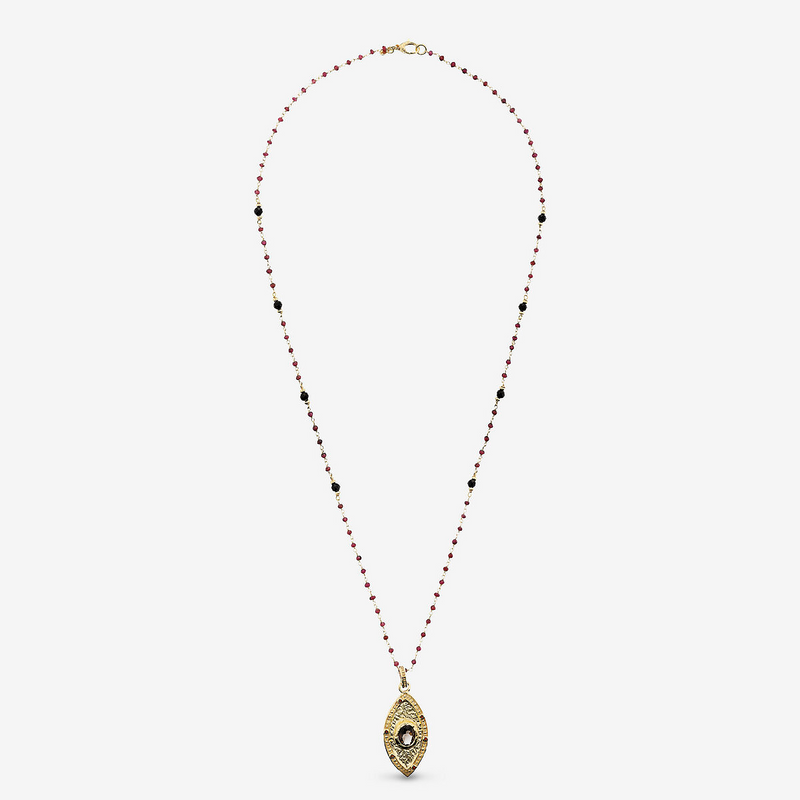 Collana Rosario di Spinello e Granato in Argento 925 placcato Oro Giallo 18Kt con Pendente Navette con Pietre Naturali