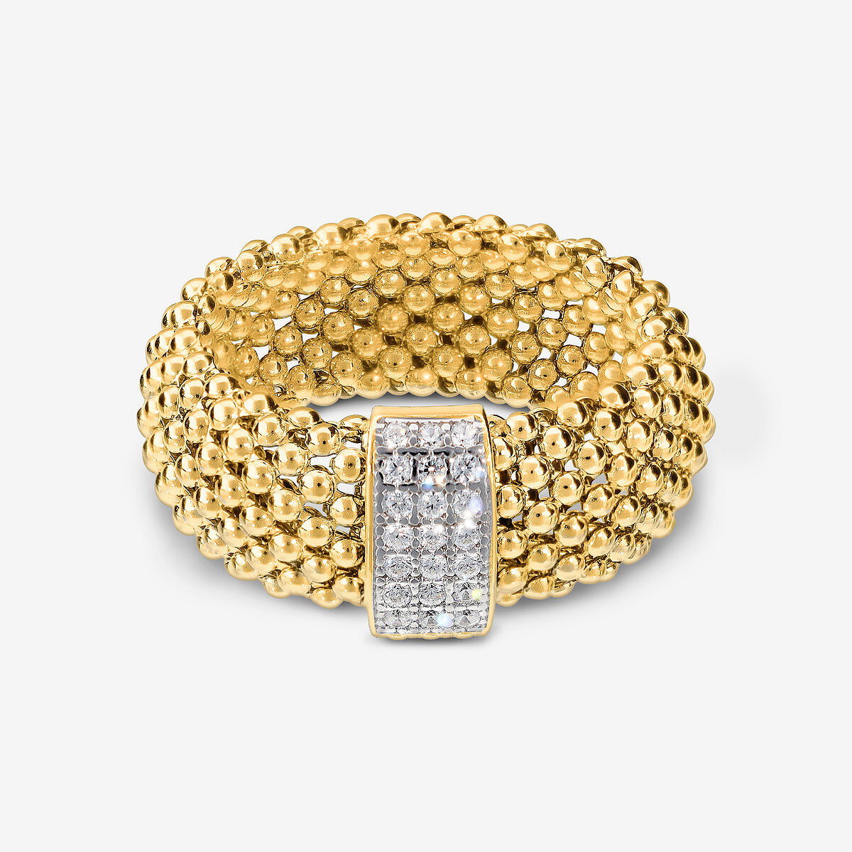 Ring mit Popcorn-Mesh-Band aus 925er Silber, vergoldet mit 18 Karat Gelbgold, mit Pavé aus Zirkonia-Kubiksteinen