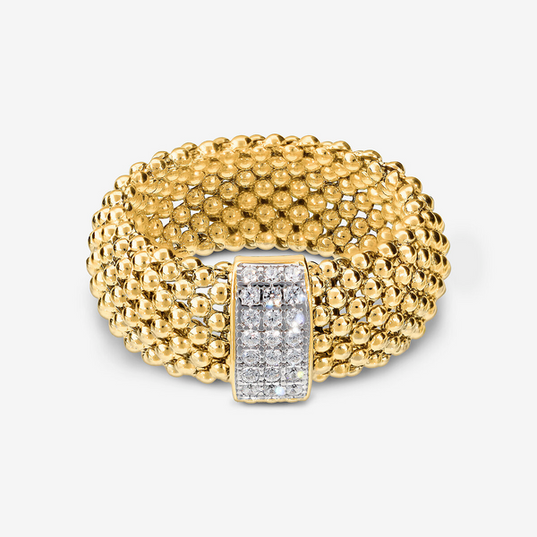 Anello a Fascia Maglia Popcorn in Argento 925 placcato Oro Giallo 18Kt con Pavé di Cubic Zirconia