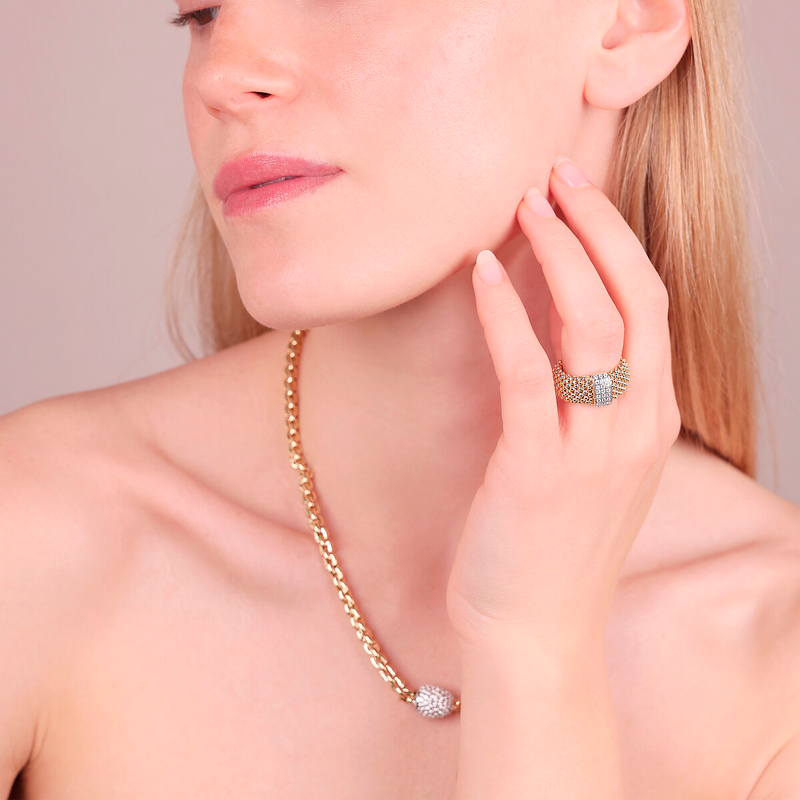 Anello a Fascia Maglia Popcorn in Argento 925 placcato Oro Giallo 18Kt con Pavé di Cubic Zirconia