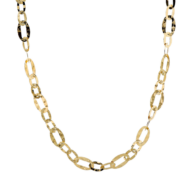 Long Hammered Necklace with Alternating Flat Oval Links in 18Kt Yellow Gold Plated 925 Silver