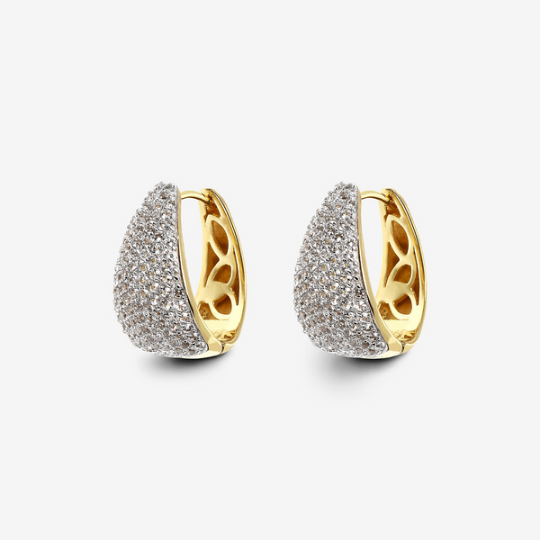 'Huggies' earrings with white topaz pavé in 18Kt yellow gold plated 925 silver
