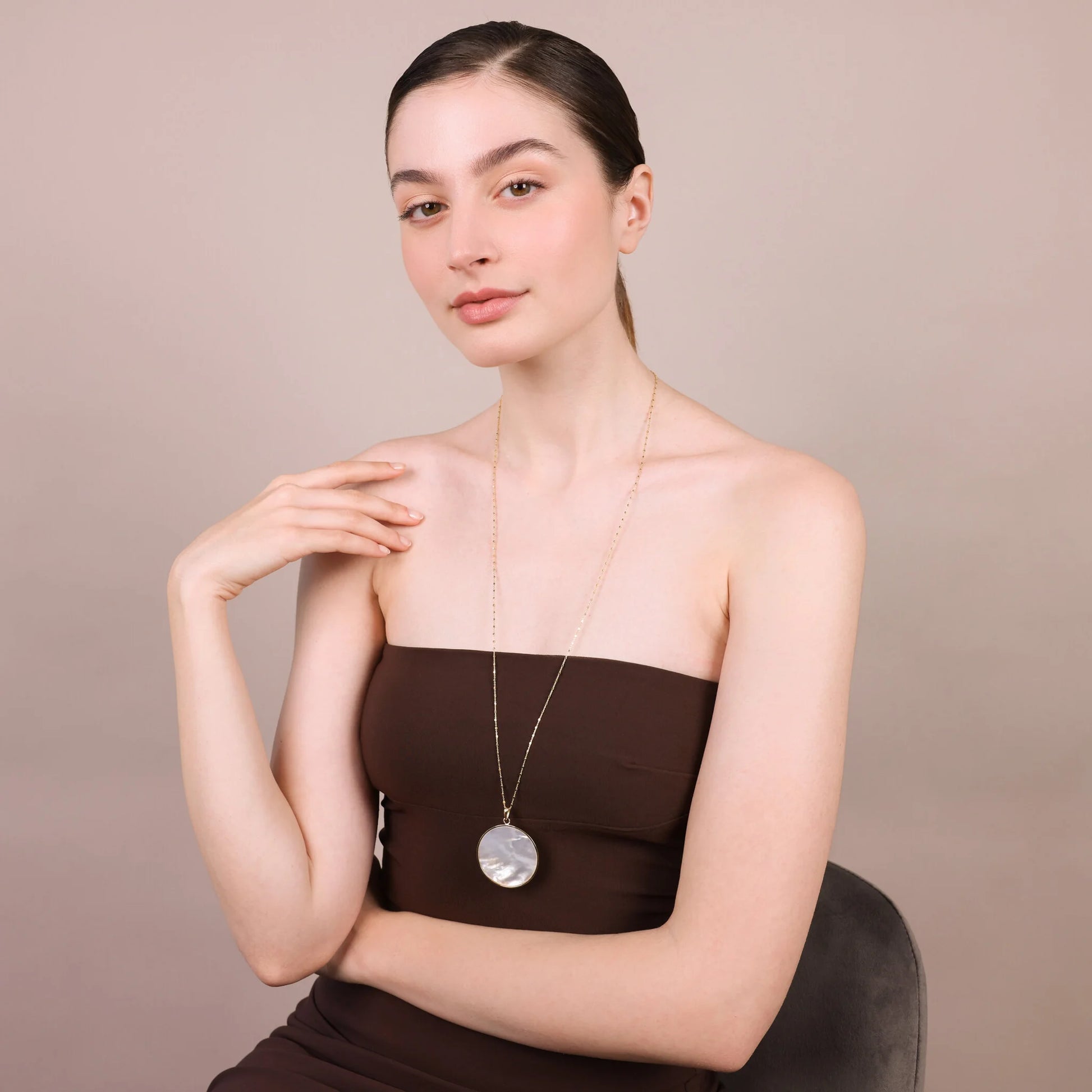 18Kt Yellow Gold Plated 925 Sterling Silver Long Necklace with White Mother of Pearl Natural Stone Pendant