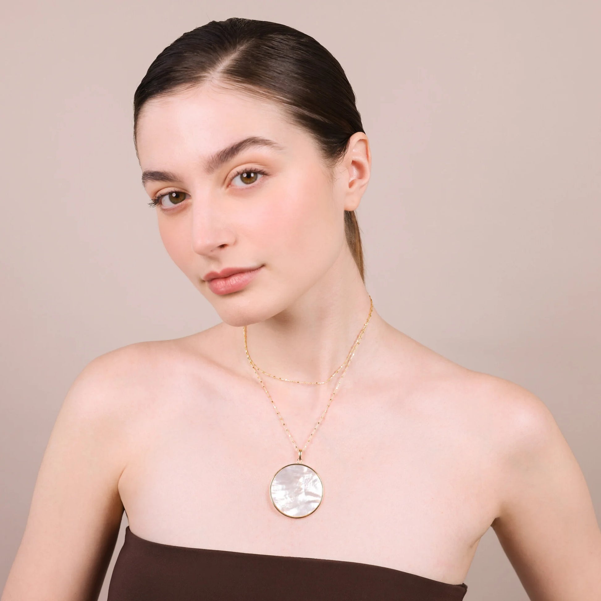 18Kt Yellow Gold Plated 925 Sterling Silver Long Necklace with White Mother of Pearl Natural Stone Pendant