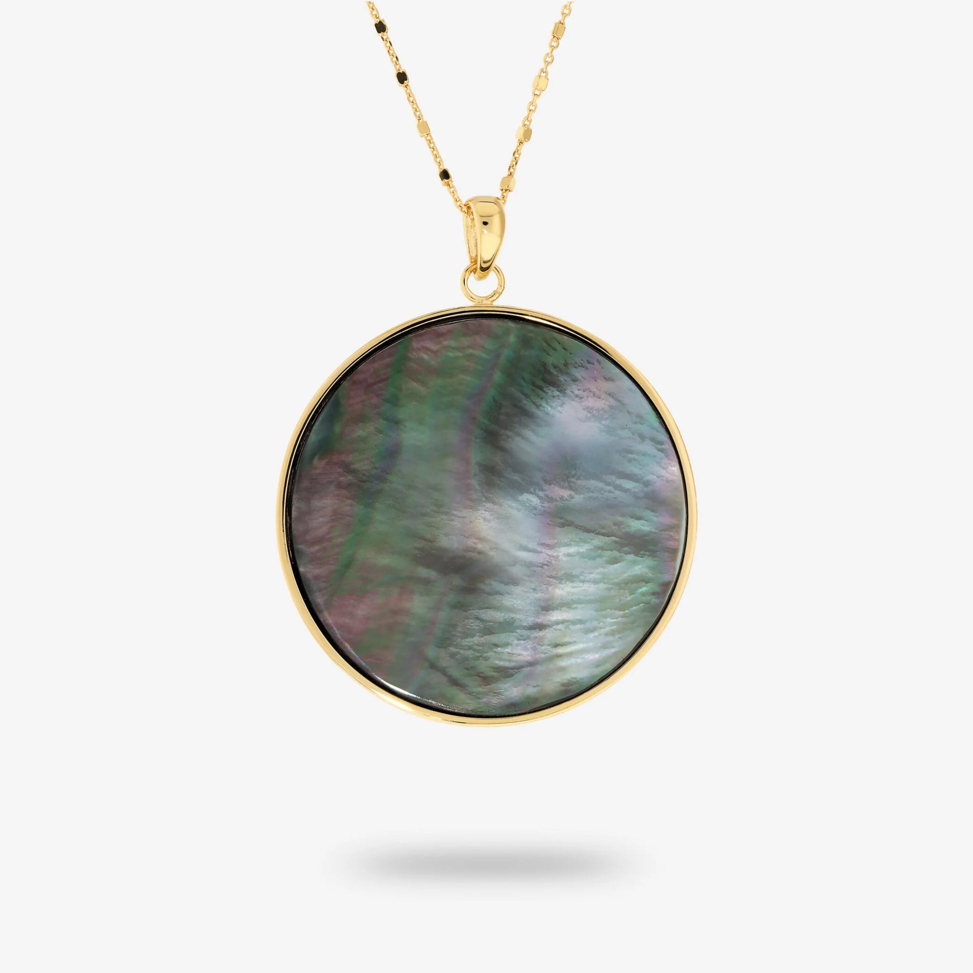Sautoir en argent 925 plaqué or jaune 18Kt avec pendentif en pierre naturelle nacre grise