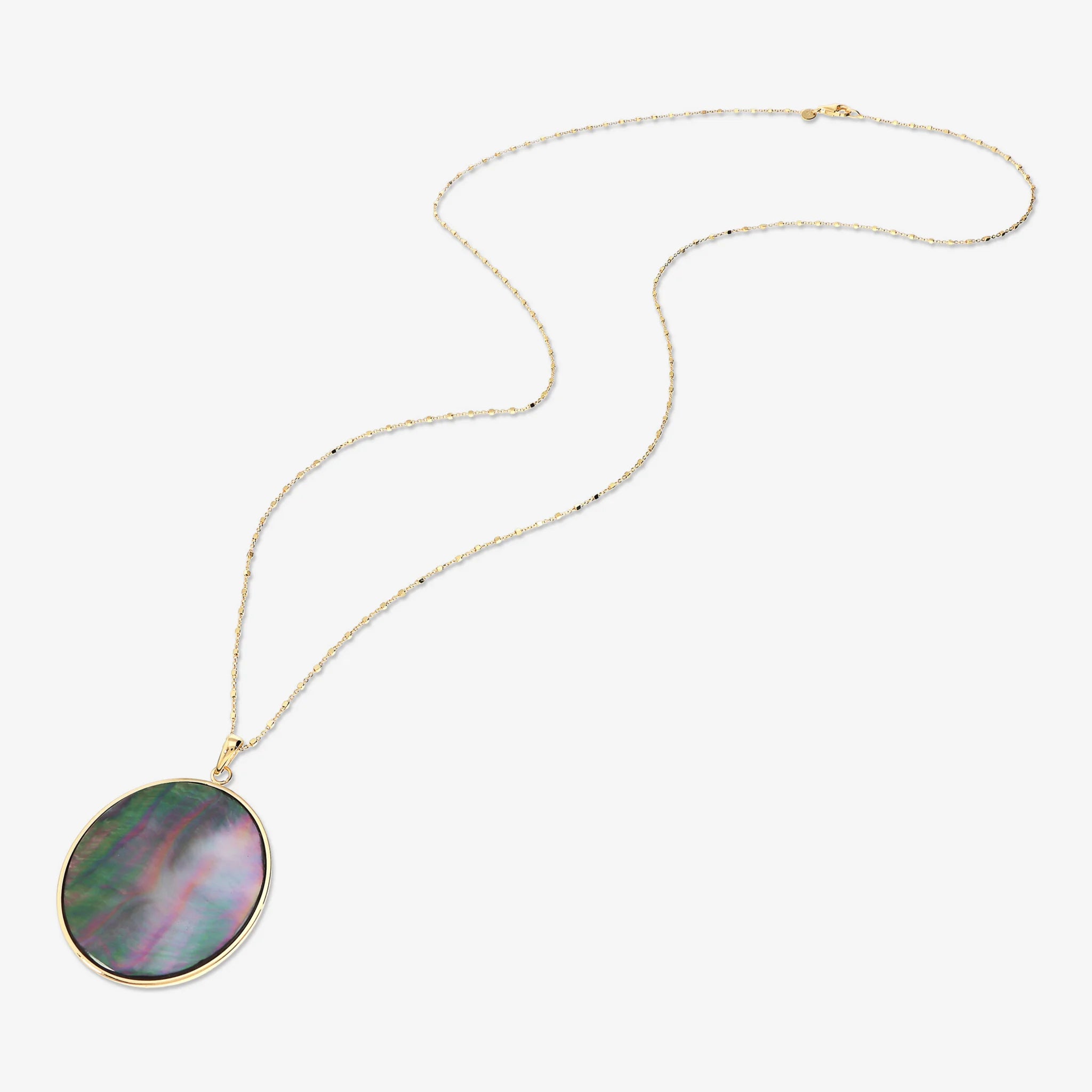 18Kt Yellow Gold Plated 925 Sterling Silver Long Necklace with Gray Mother of Pearl Natural Stone Pendant