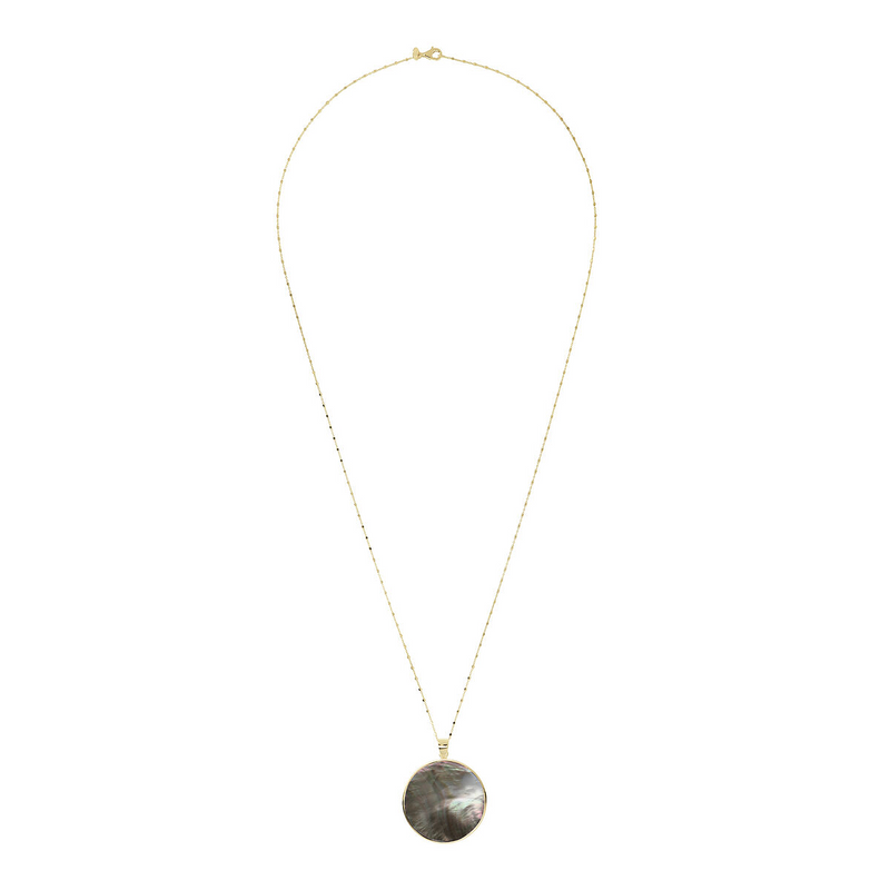 Long Necklace in 18kt Yellow Gold Plated 925 Silver with Grey Mother of Pearl Natural Stone Pendant