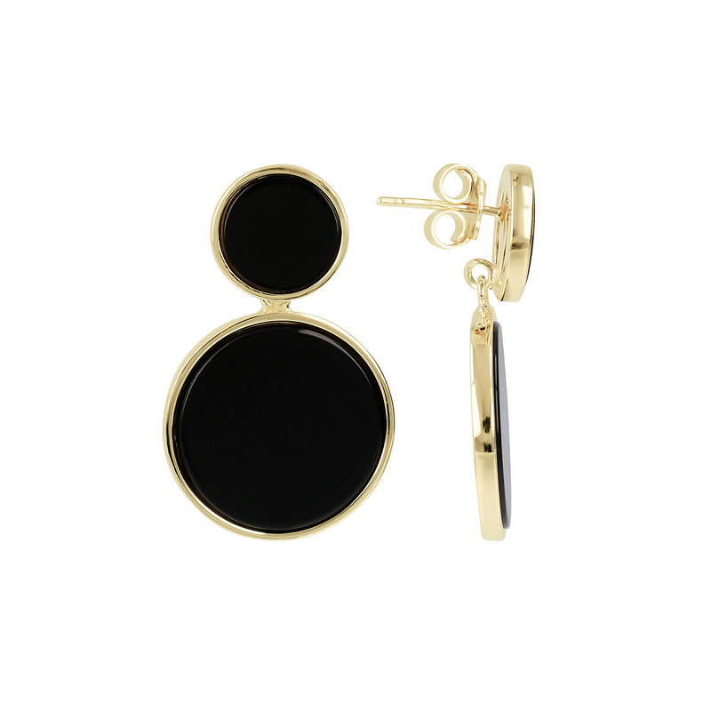Boucles d'oreilles pendantes en argent 925 plaqué or jaune 18 carats avec double disque en onyx noir
