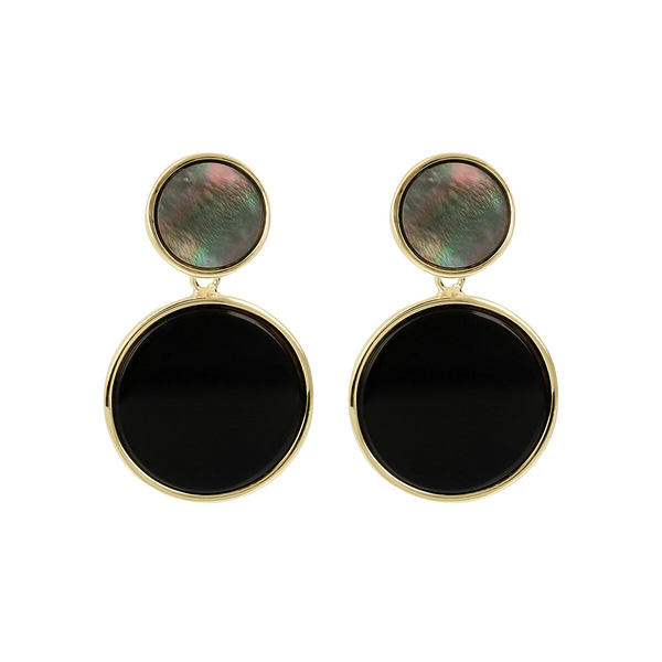 Boucles d'oreilles pendantes en argent 925 plaqué or jaune 18 carats avec double disque en nacre grise et onyx noir