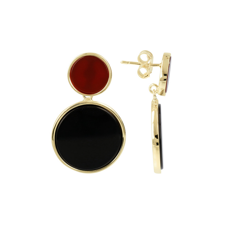 Pendant earrings in 18kt yellow gold plated 925 silver with double disc in red carnelian and black onyx