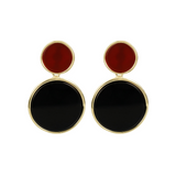 Pendant earrings in 18kt yellow gold plated 925 silver with double disc in red carnelian and black onyx