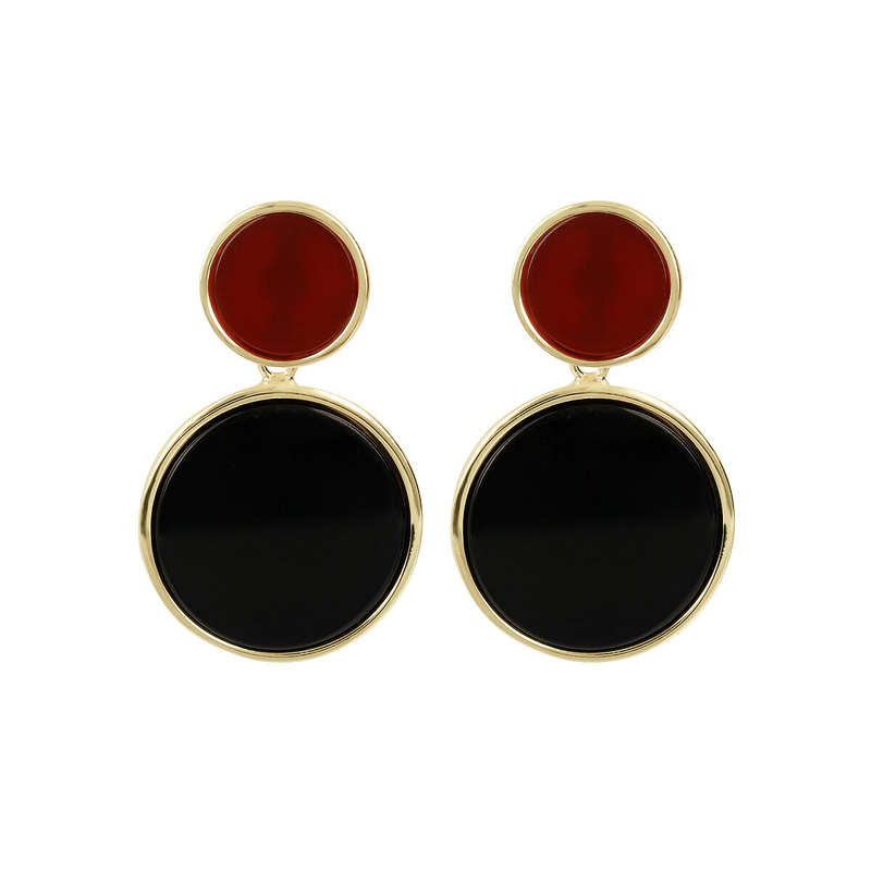 Boucles d'oreilles pendantes en argent 925 plaqué or jaune 18 carats avec double disque en cornaline rouge et onyx noir