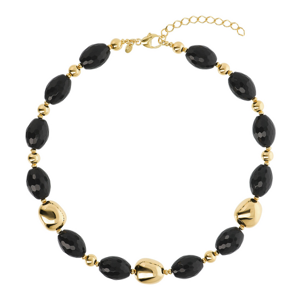 Halskette aus 18 Karat Gelbgold plattiertem 925er Silber mit facettierten schwarzen Onyx-Natursteinen