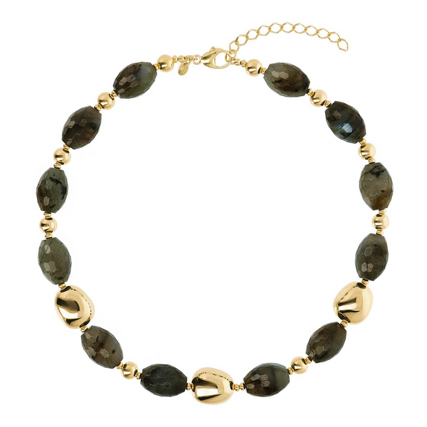 18Kt Yellow Gold Plated 925 Silver Choker Necklace with Faceted Labradorite Natural Stones