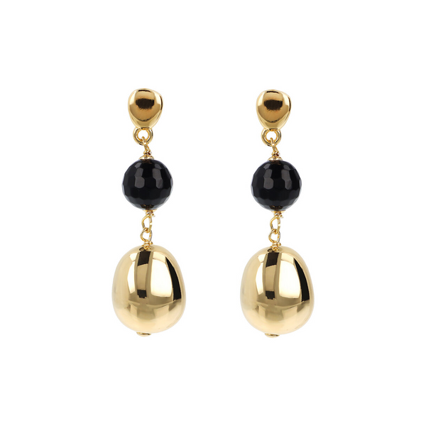 Pendant Earrings in 18Kt Yellow Gold Plated 925 Silver with Nuggets and Natural Faceted Black Onyx Stones