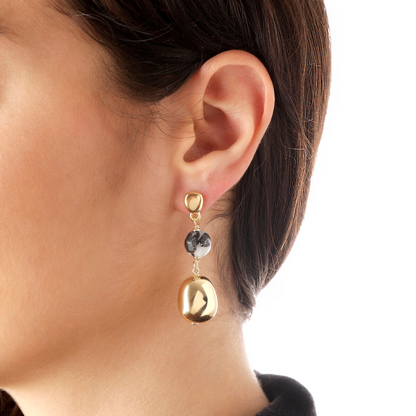 Boucles d'oreilles pendantes en argent 925 plaqué or jaune 18 carats avec pépites électroformées et pierres naturelles en jaspe noir et blanc facetté