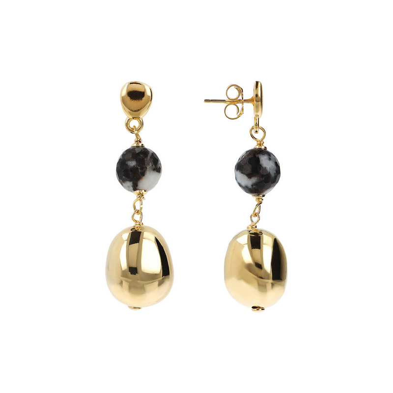 Pendant earrings in 18Kt yellow gold plated 925 silver with nuggets and natural stones in faceted black and white jasper