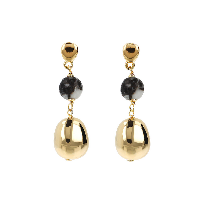 Pendant earrings in 18Kt yellow gold plated 925 silver with nuggets and natural stones in faceted black and white jasper