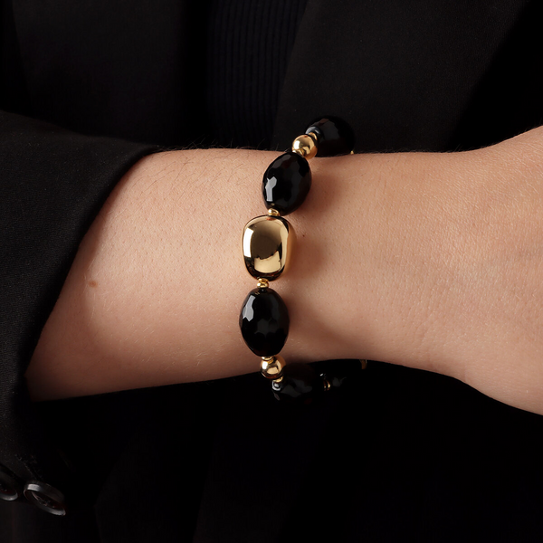 18Kt Yellow Gold Plated 925 Silver Bracelet with Faceted Black Onyx Natural Stones