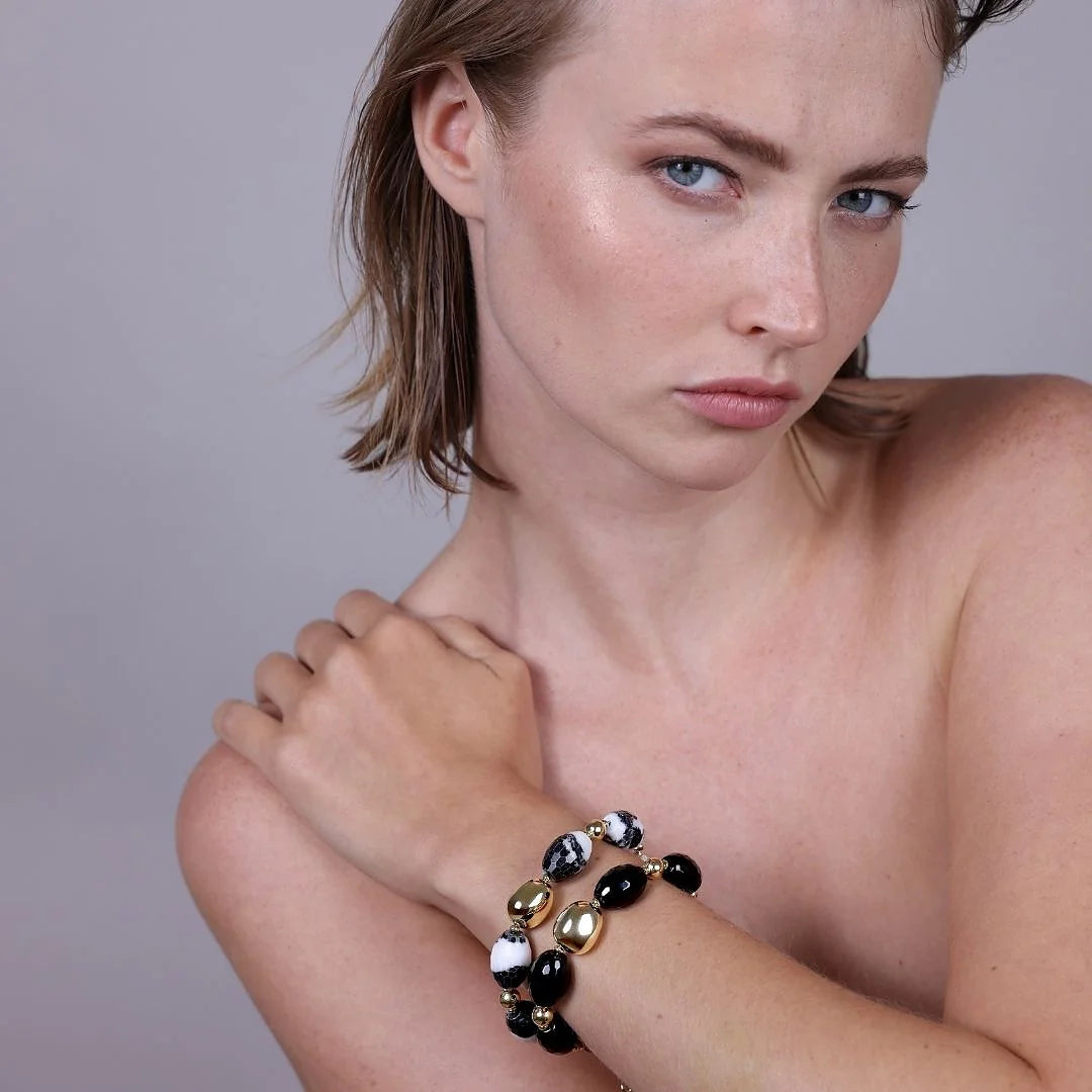 Bracciale in Argento 925 placcato Oro Giallo 18Kt con Pietre Naturali in Diaspro Bianco e Nero Sfaccettato