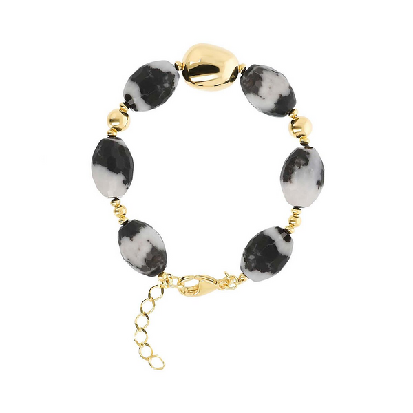18Kt Yellow Gold Plated 925 Silver Bracelet with Faceted Black and White Jasper Natural Stones