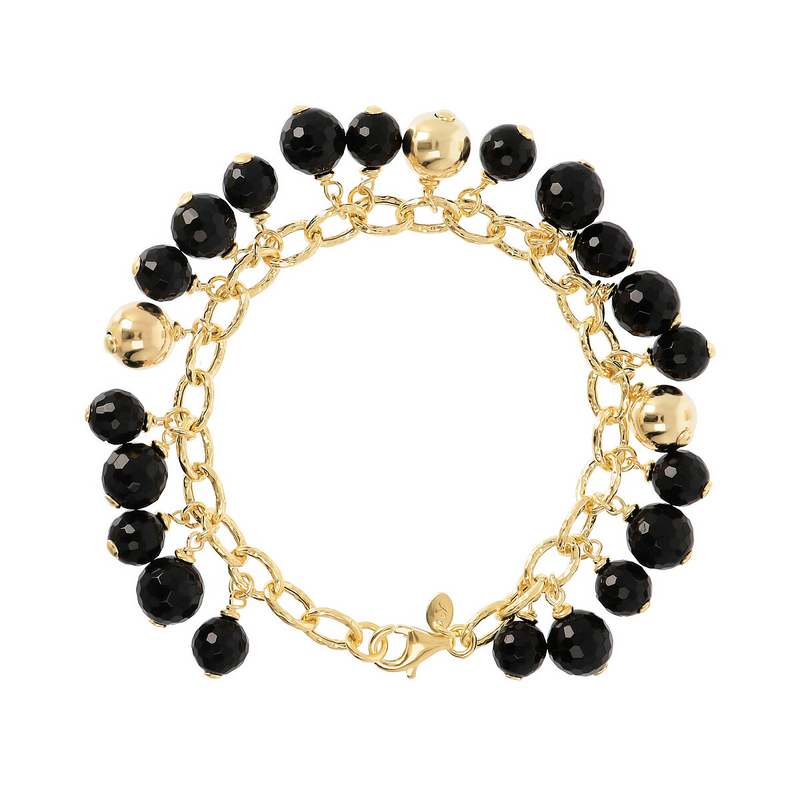 Bracelet with Faceted Black Onyx Charm and Shiny Bead in 925 Sterling Silver 18Kt Yellow Gold Plated