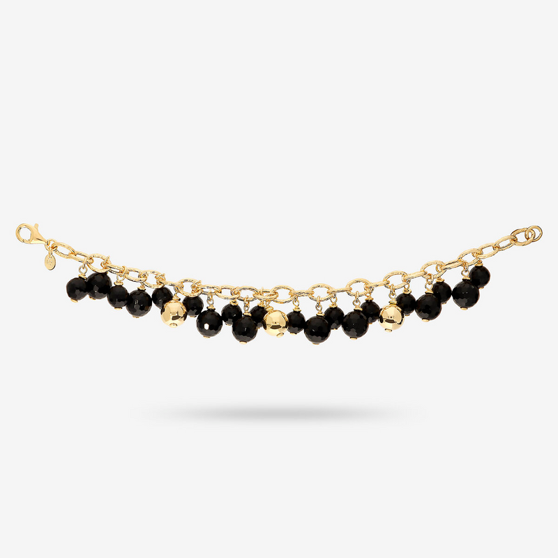 Bracelet avec breloque Onyx noir facetté et perle Lucide en argent 925 plaqué or jaune 18 carats