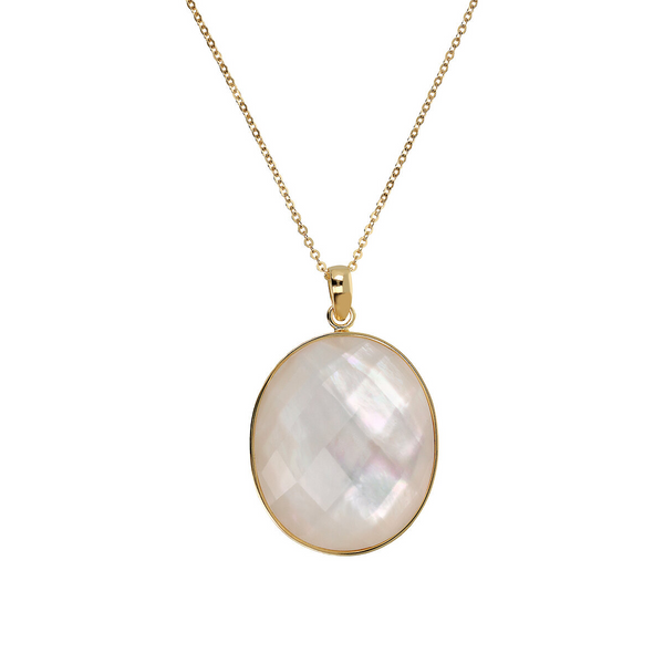 925 Sterling Silver 18Kt Yellow Gold Plated Diamond Brilliant Link Necklace with Removable Mother of Pearl Pendant