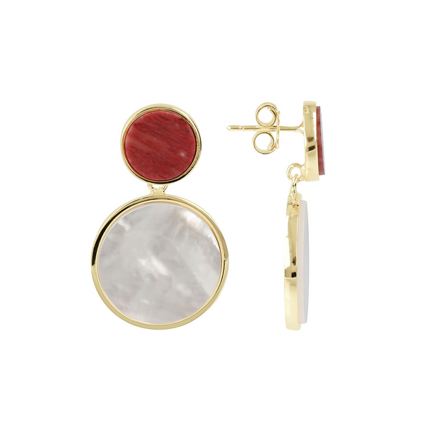 Ohrringe mit Doppelscheibe aus rosa Quarzit und weißem Perlmutt in 925 Sterling Silber, 18Kt Gelbgold vergoldet