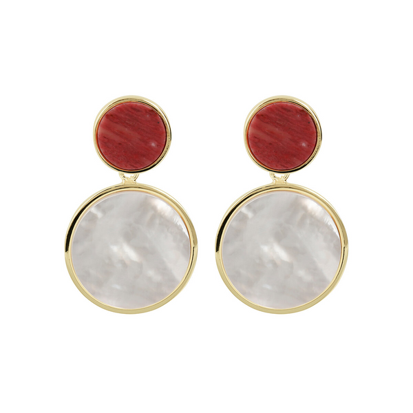 Ohrringe mit Doppelscheibe aus rosa Quarzit und weißem Perlmutt in 925 Sterling Silber, 18Kt Gelbgold vergoldet