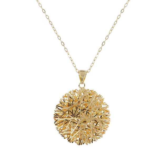 Necklace with Diamond Oval Rolo Mesh and Diamond Wrapped Strand Pendant in 925 Sterling Silver, 18Kt Yellow Gold Plated