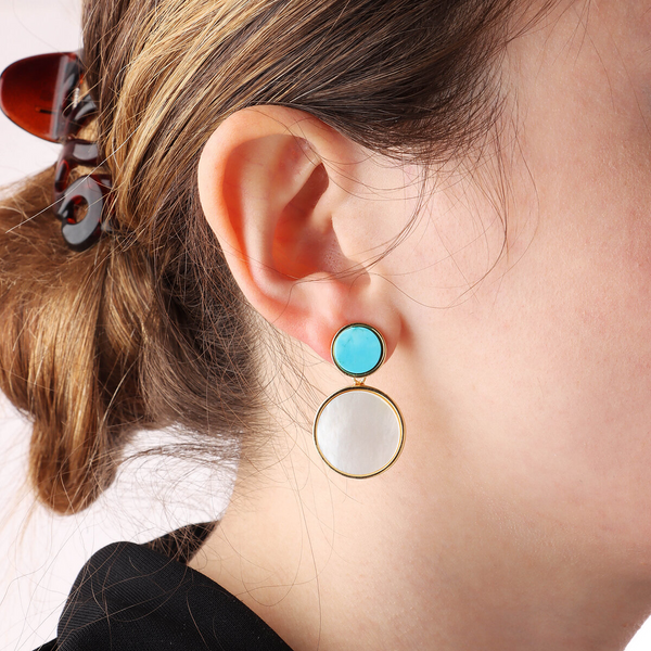 Pendant Earrings with Double Turquoise Magnesite Disc and White Mother of Pearl in 925 Sterling Silver, 18Kt Yellow Gold Plated