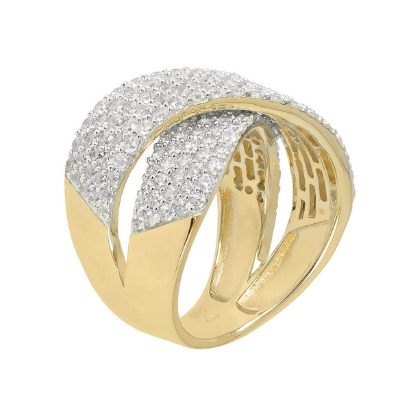Ring with Cubic Zirconia Pavé Crossing in 925 Sterling Silver 18Kt Yellow Gold Plated 