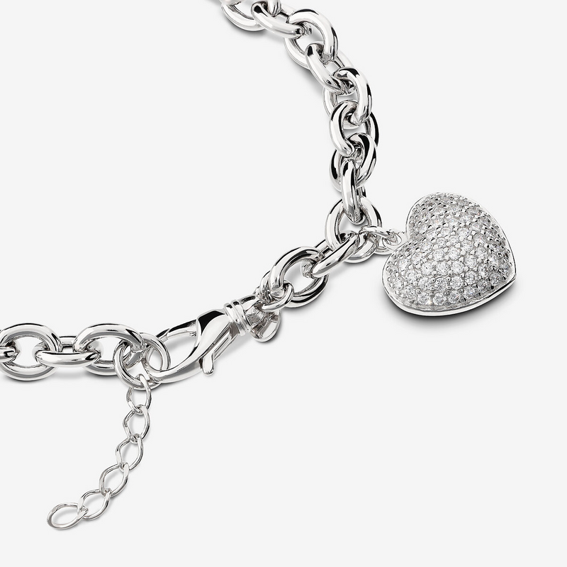 Bracelet Maille Rolo et Pendentif Cœur avec Zircon Cubique en Argent 925 plaqué Platine