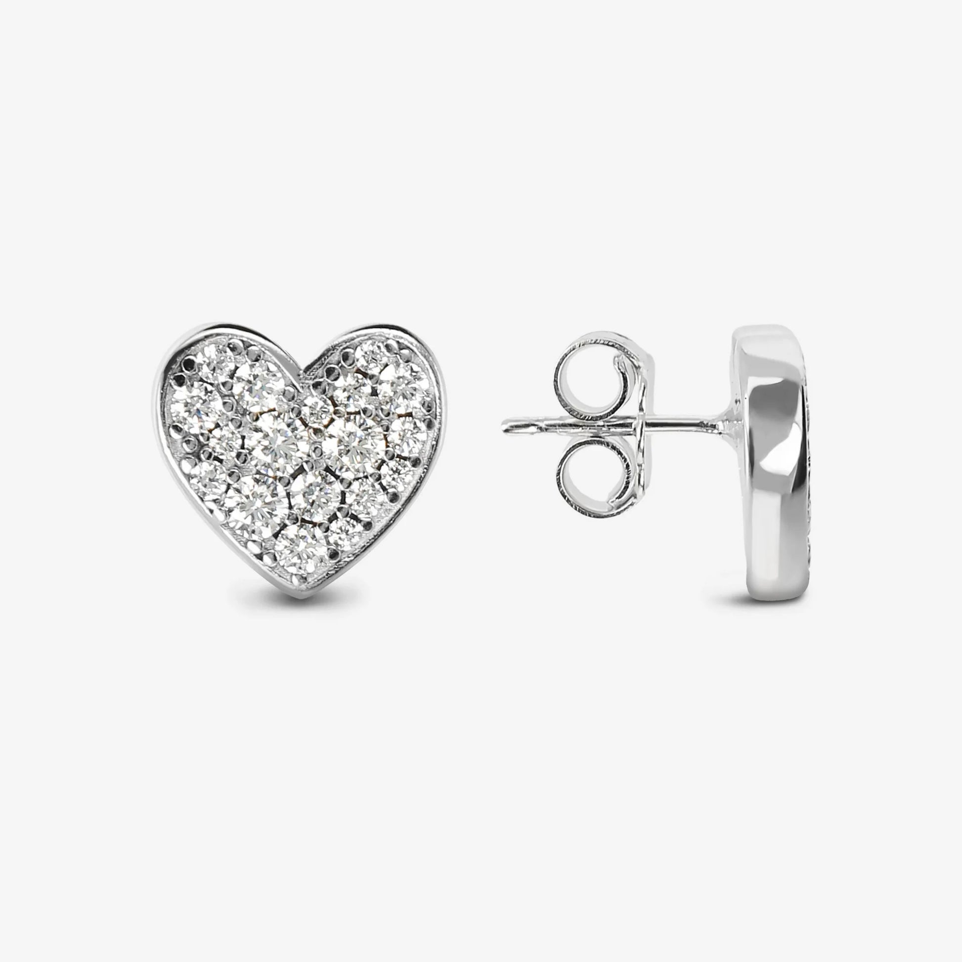 Heart Stud Earrings in 925 Silver plated with Platinum with Cubic Zirconia Pavé