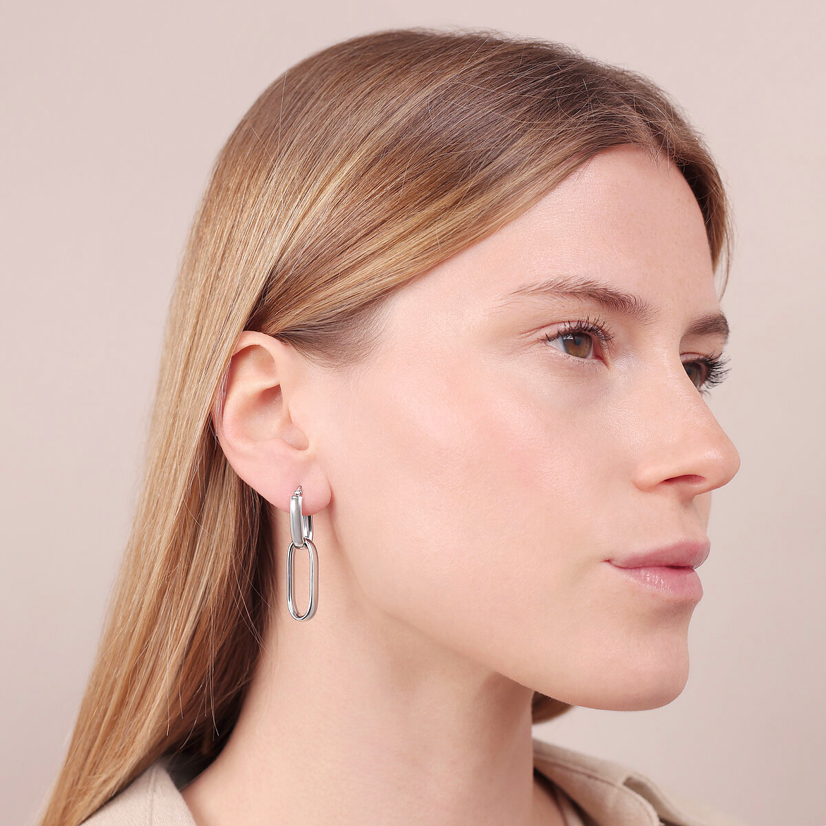 Boucles d'oreilles pendantes en maille ovale allongée en argent 925 plaqué platine