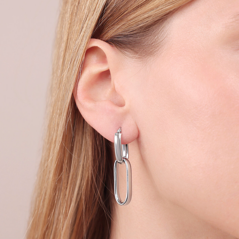 Boucles d'oreilles pendantes en maille ovale allongée en argent 925 plaqué platine