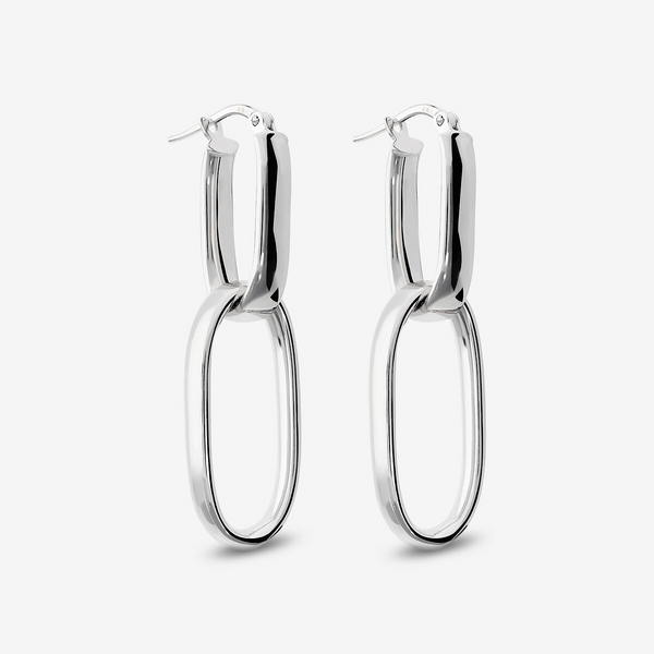 Oval Elongated Link Drop Earrings in Platinum Plated 925 Silver