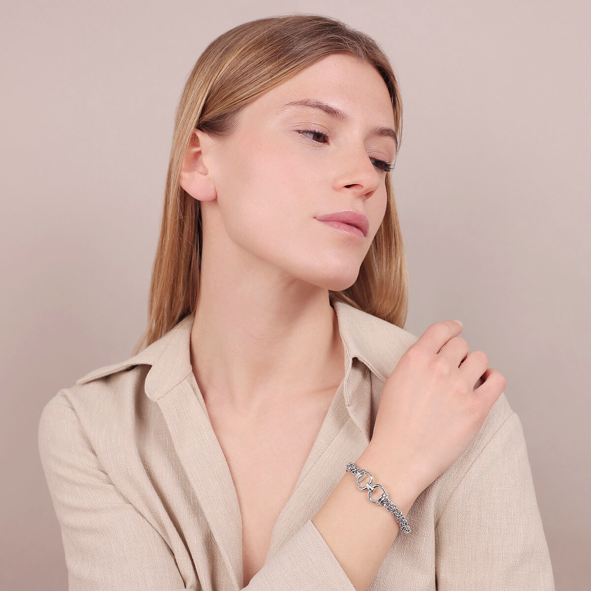 Bracciale Maglia Bizantina con Ferro di Cavallo in Argent 925 plaqué Platine