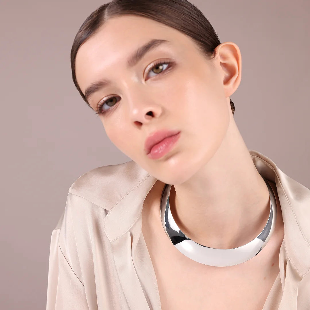 925 Sterling Silver Platinum Plated Mirror Choker Necklace Surface 2cm