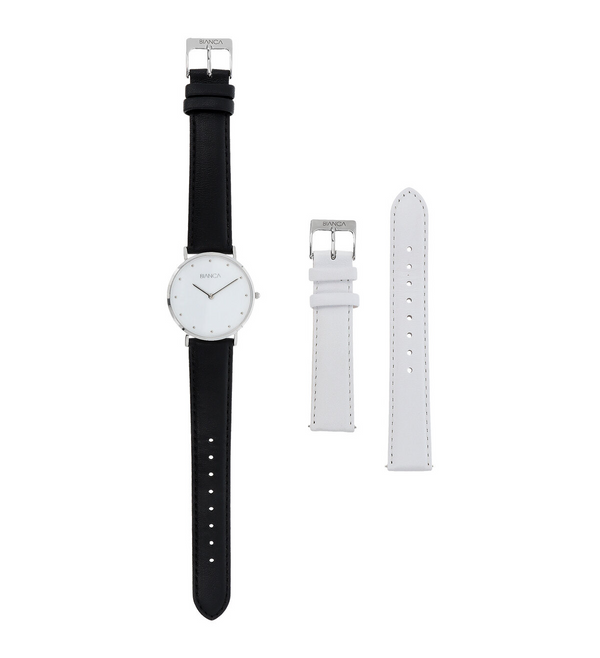 Women's Wristwatch Made of Steel with Black and White Leather Strap