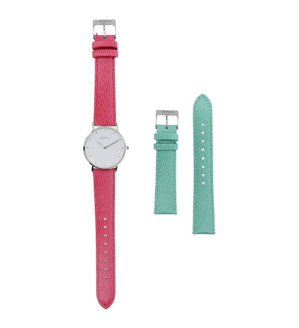 Women's Wristwatch Made of Steel with Fuchsia and Aqua Green Leather Strap