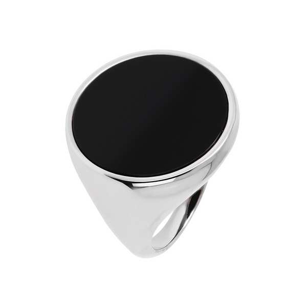 Chevalier Ring with Black Onyx Disc Stone in Platinum Plated 925 Silver
